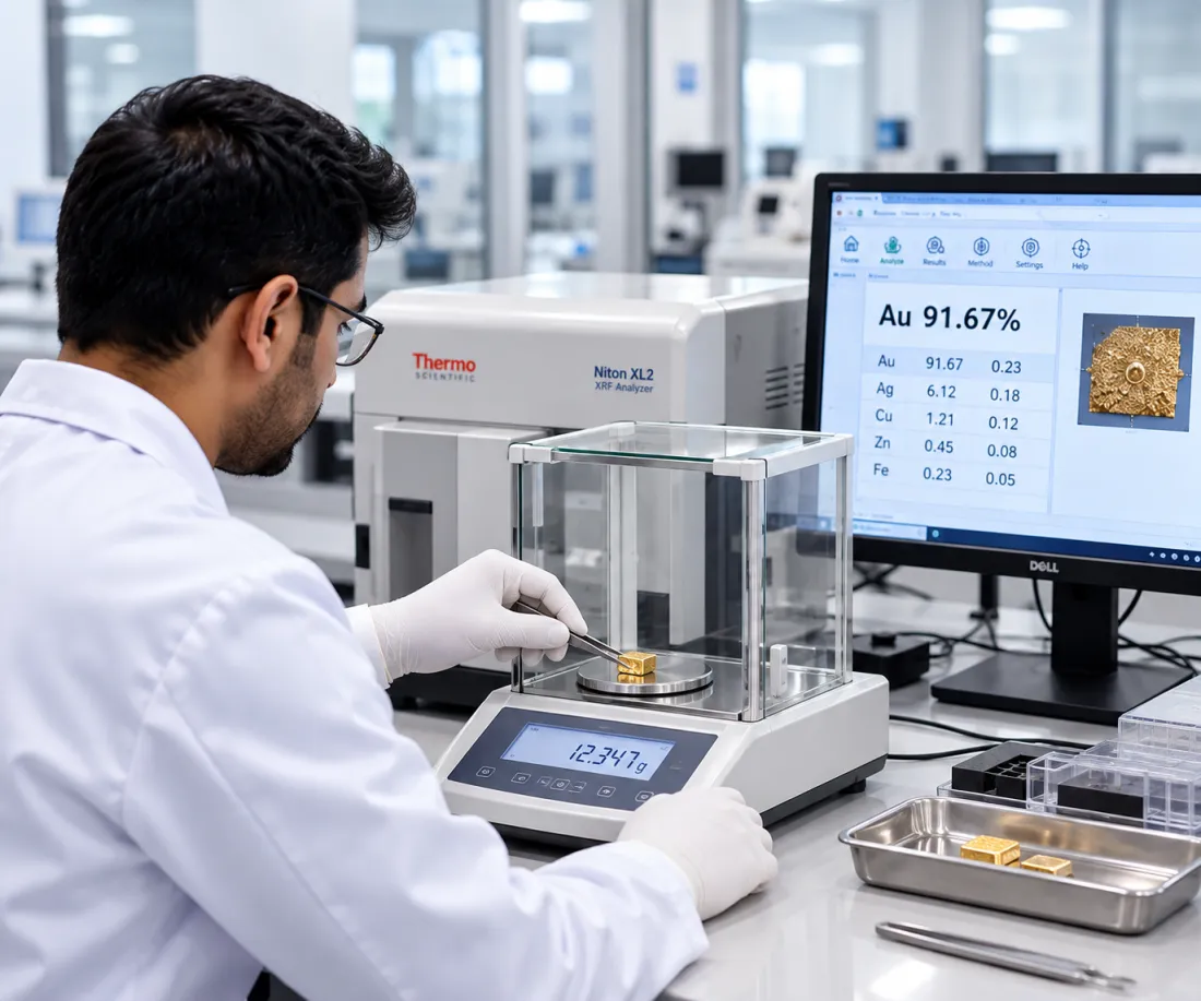 Technician weighing a gold sample on precision equipment